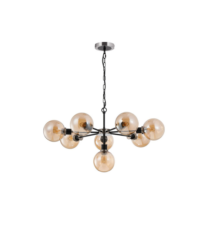 Placid 84cm Pendant 8 Light E14 15cm Round Glass Shade Satin Nickel Amber Plated & Satin Black-3