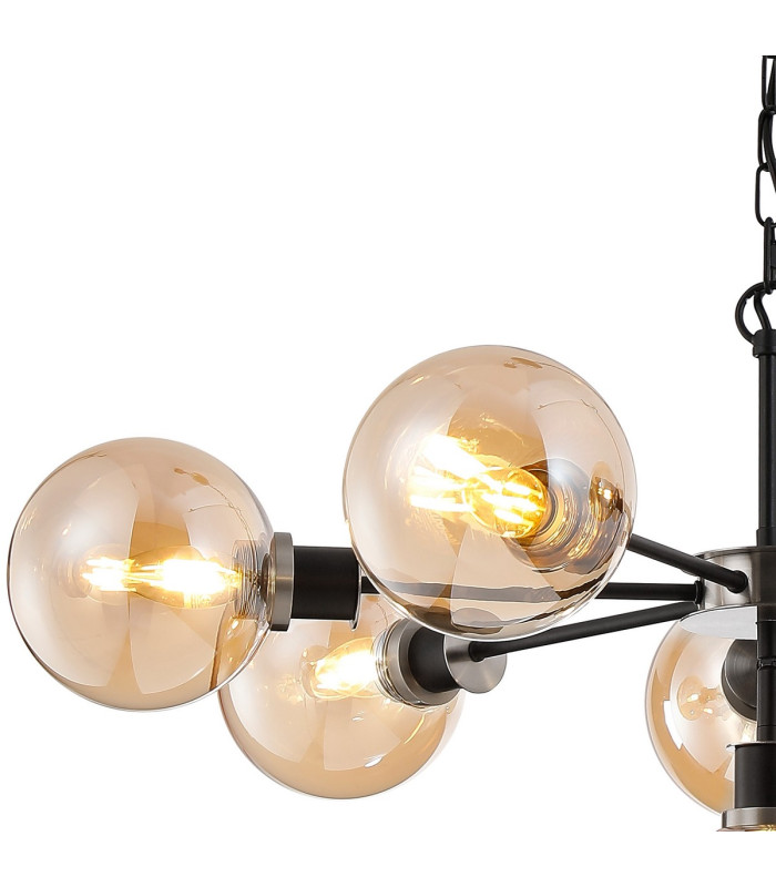 Placid 84cm Pendant 8 Light E14 15cm Round Glass Shade Satin Nickel Amber Plated & Satin Black-5