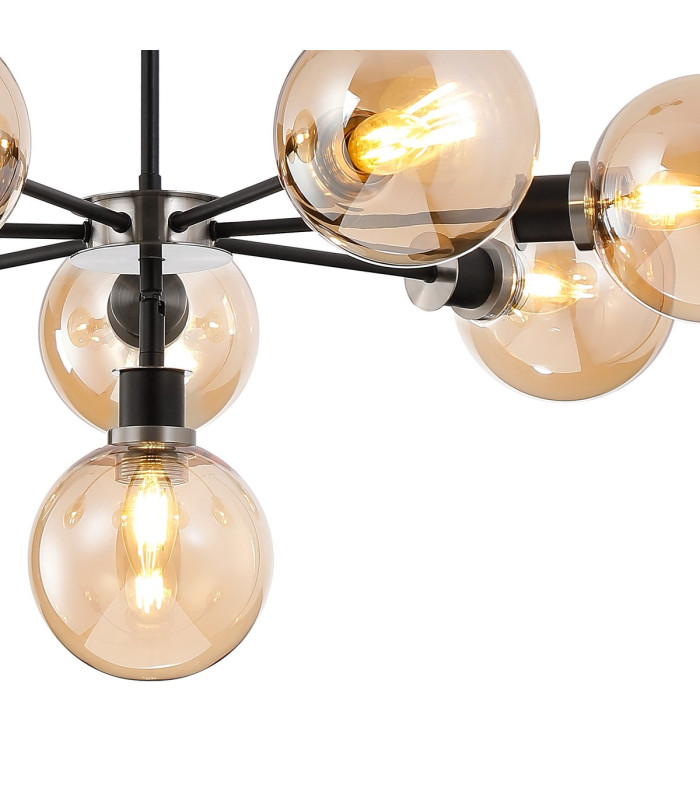 Placid 84cm Pendant 8 Light E14 15cm Round Glass Shade Satin Nickel Amber Plated & Satin Black-6