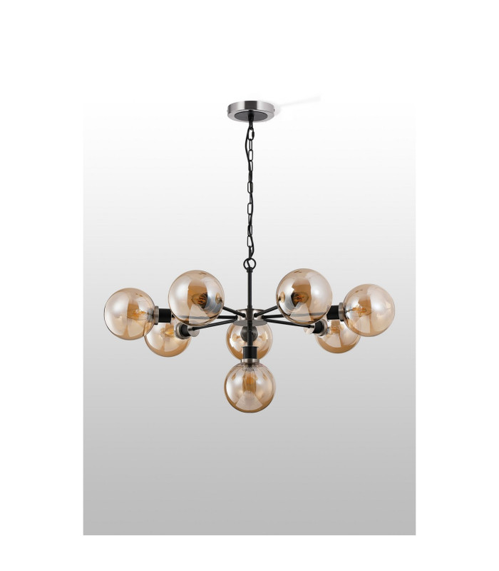 Placid 84cm Pendant 8 Light E14 15cm Round Glass Shade Satin Nickel Amber Plated & Satin Black-7