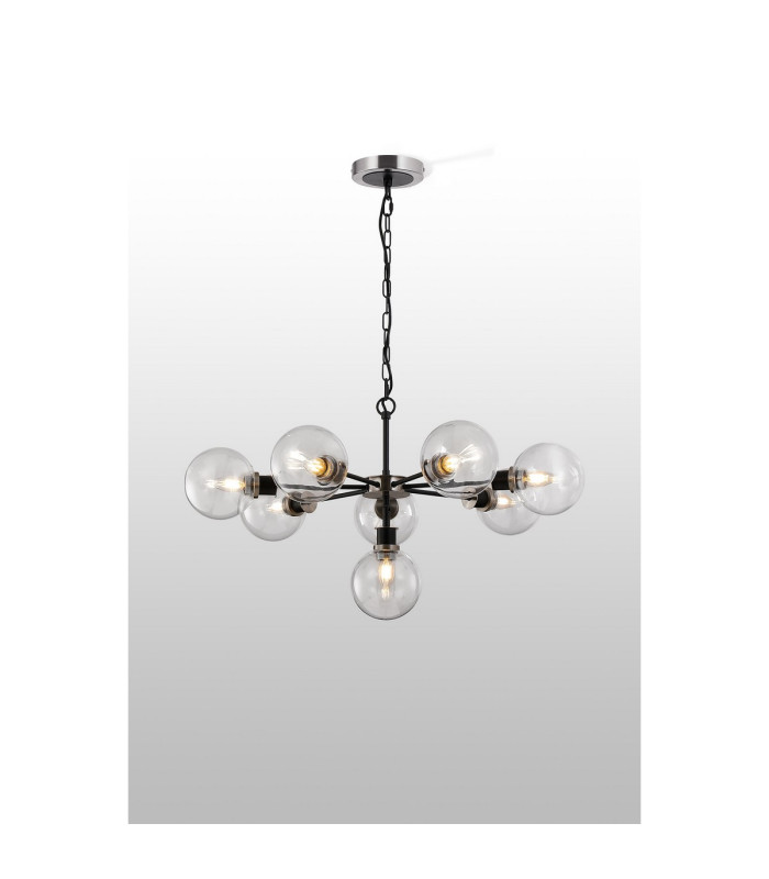 Placid 84cm Pendant 8 Light E14 15cm Round Glass Shade Satin Nickel Clear & Satin Black-3