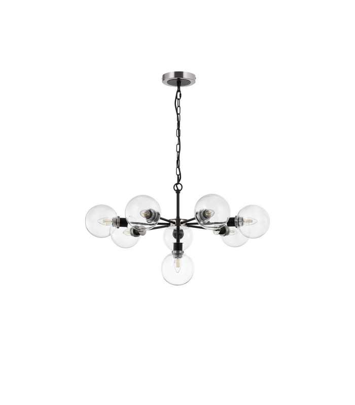 Placid 84cm Pendant 8 Light E14 15cm Round Glass Shade Satin Nickel Clear & Satin Black-4