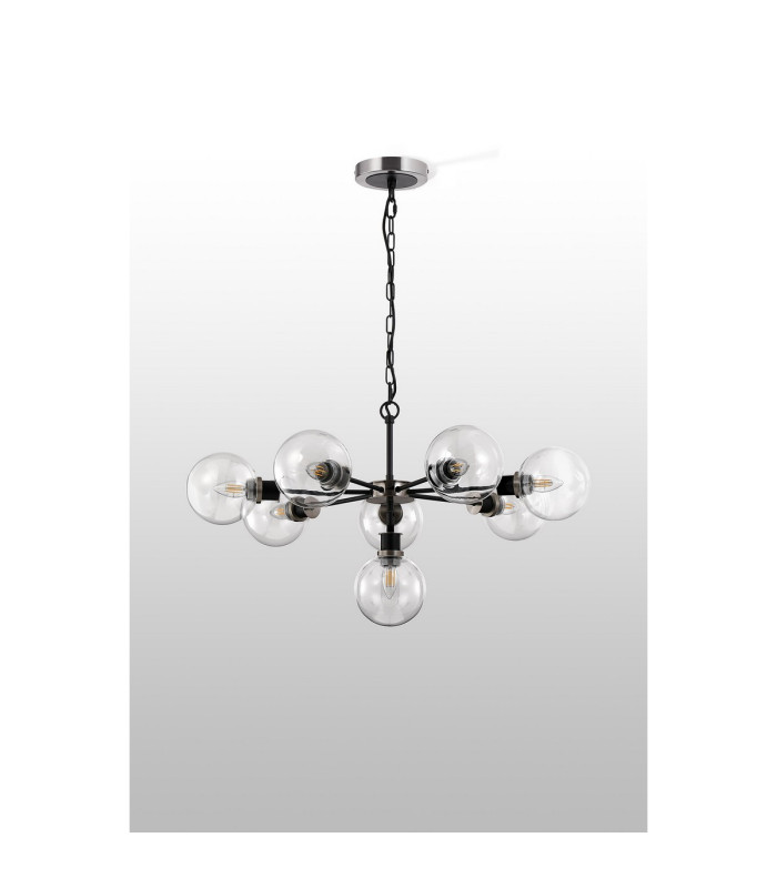 Placid 84cm Pendant 8 Light E14 15cm Round Glass Shade Satin Nickel Clear & Satin Black-8