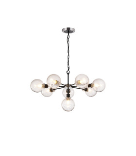 Placid 84cm Pendant 8 Light E14 15cm Round Crackled Glass Shade Satin Nickel Clear & Satin Black-1