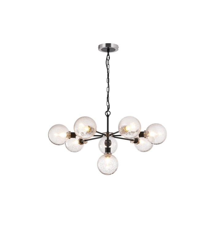 Placid 84cm Pendant 8 Light E14 15cm Round Crackled Glass Shade Satin Nickel Clear & Satin Black-1