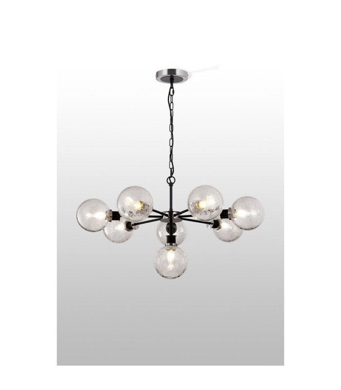 Placid 84cm Pendant 8 Light E14 15cm Round Crackled Glass Shade Satin Nickel Clear & Satin Black-3