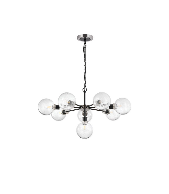 Placid 84cm Pendant 8 Light E14 15cm Round Crackled Glass Shade Satin Nickel Clear & Satin Black-4