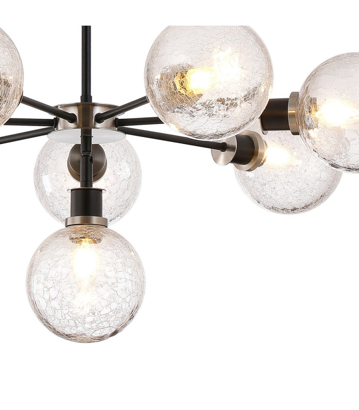 Placid 84cm Pendant 8 Light E14 15cm Round Crackled Glass Shade Satin Nickel Clear & Satin Black-7