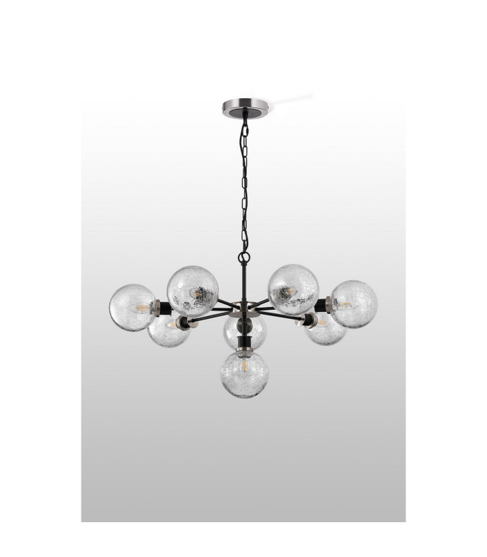 Placid 84cm Pendant 8 Light E14 15cm Round Crackled Glass Shade Satin Nickel Clear & Satin Black-8