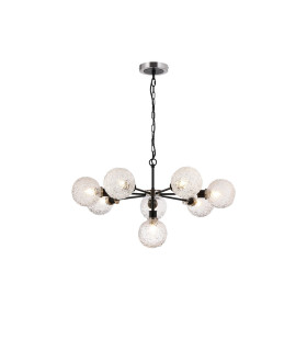 Placid 84cm Pendant 8 Light E14 15cm Round Textured Crumple Glass Shade Satin Nickel Clear & Satin Black-1