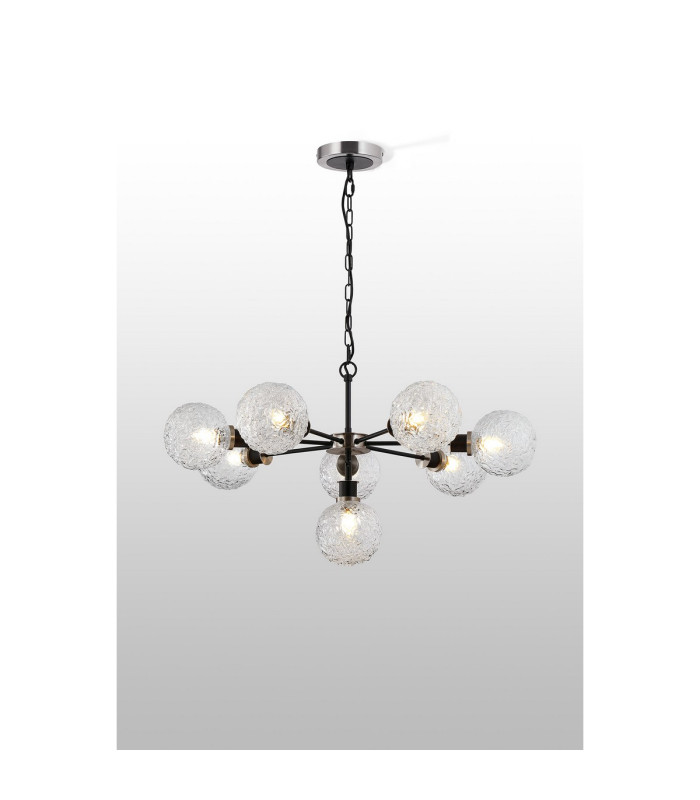 Placid 84cm Pendant 8 Light E14 15cm Round Textured Crumple Glass Shade Satin Nickel Clear & Satin Black-3