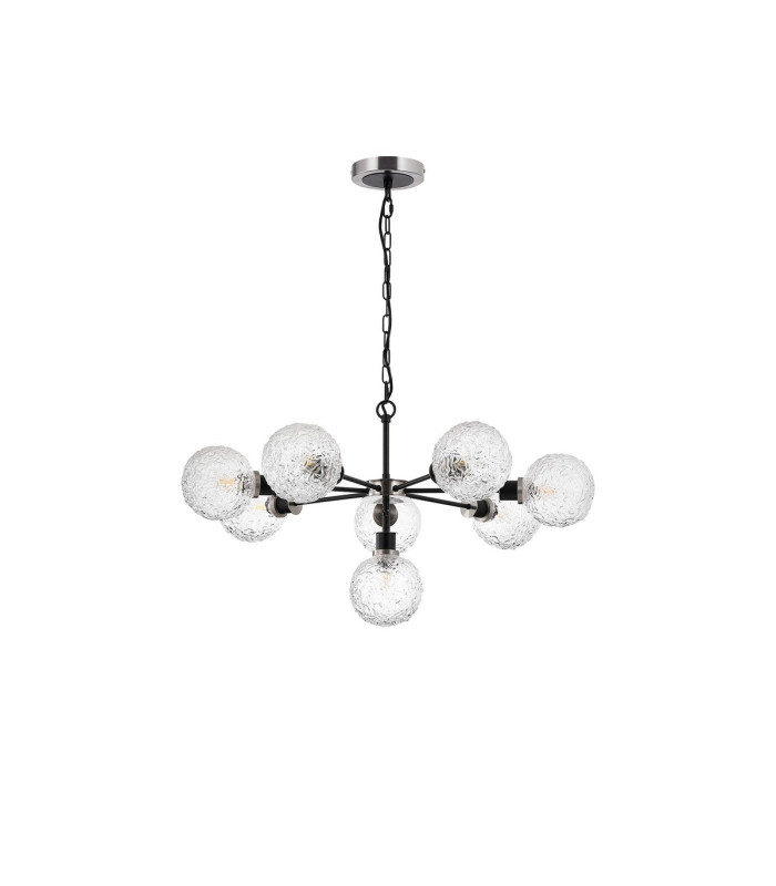 Placid 84cm Pendant 8 Light E14 15cm Round Textured Crumple Glass Shade Satin Nickel Clear & Satin Black-4