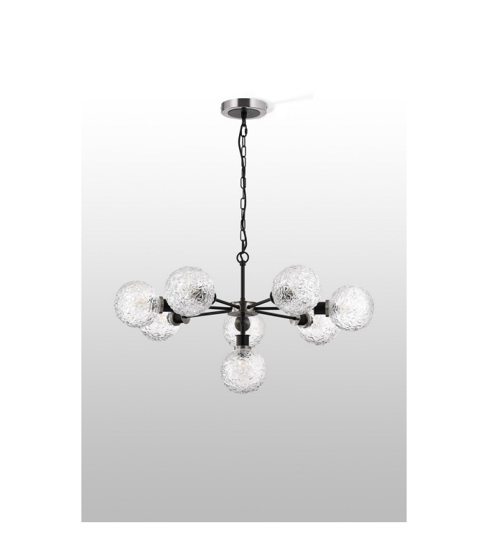 Placid 84cm Pendant 8 Light E14 15cm Round Textured Crumple Glass Shade Satin Nickel Clear & Satin Black-8
