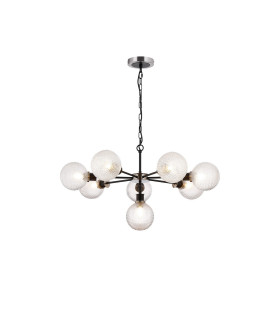 Placid 84cm Pendant 8 Light E14 15cm Round Textured Diamond Pattern Glass Shade Satin Nickel Clear & Satin Black-1