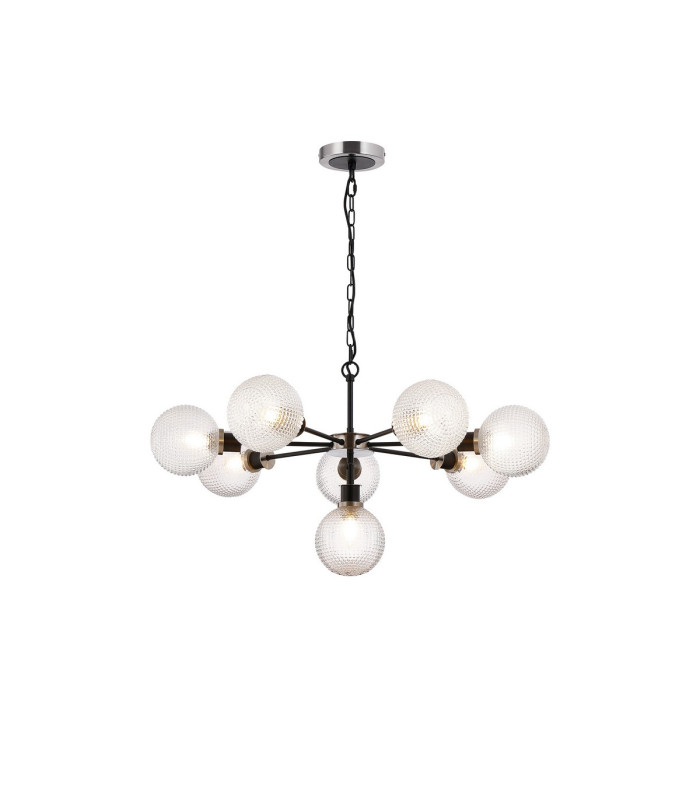 Placid 84cm Pendant 8 Light E14 15cm Round Textured Diamond Pattern Glass Shade Satin Nickel Clear & Satin Black-1