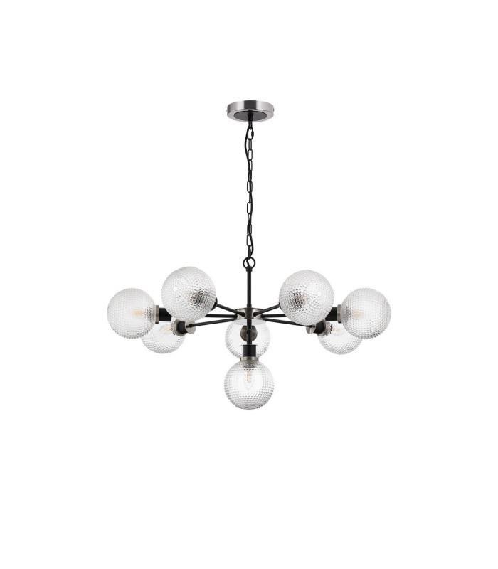 Placid 84cm Pendant 8 Light E14 15cm Round Textured Diamond Pattern Glass Shade Satin Nickel Clear & Satin Black-3
