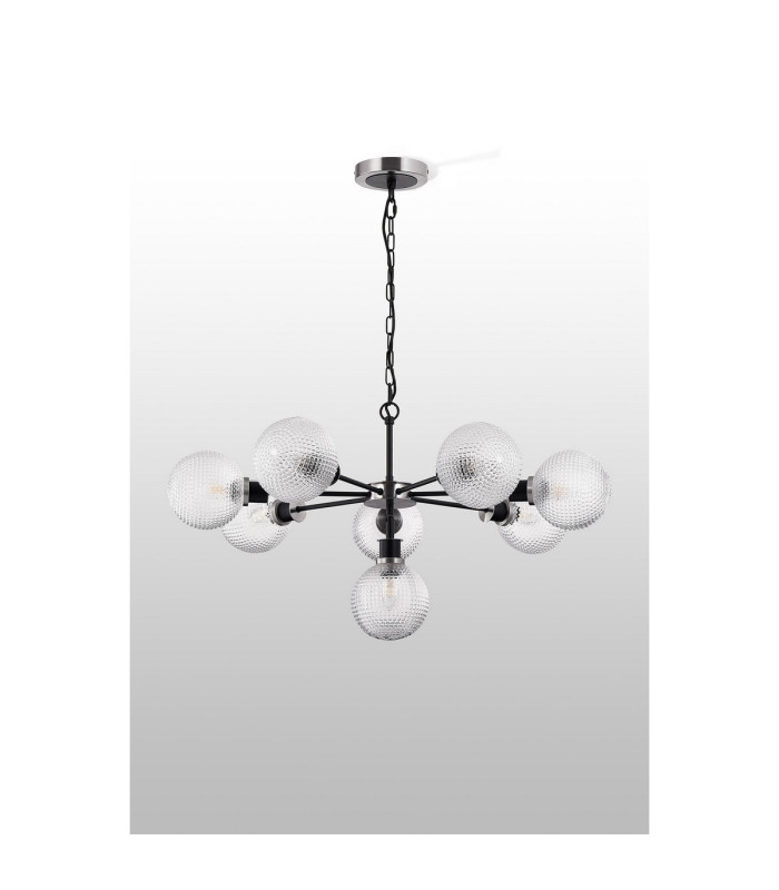 Placid 84cm Pendant 8 Light E14 15cm Round Textured Diamond Pattern Glass Shade Satin Nickel Clear & Satin Black-7