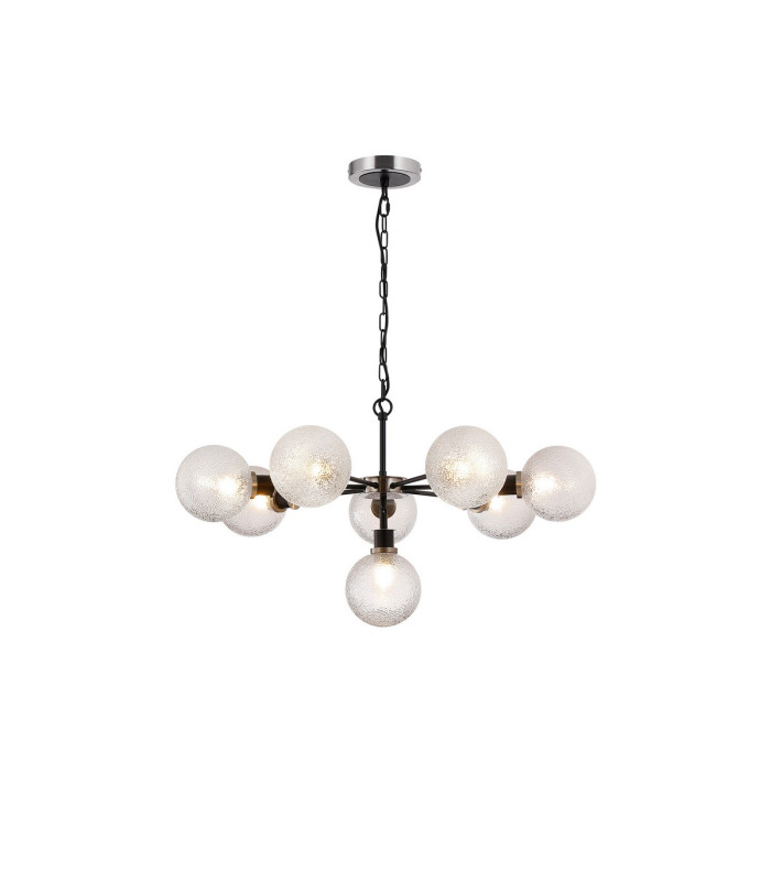 Placid 84cm Pendant 8 Light E14 15cm Round Dimpled Glass Shade Satin Nickel Clear & Satin Black-1