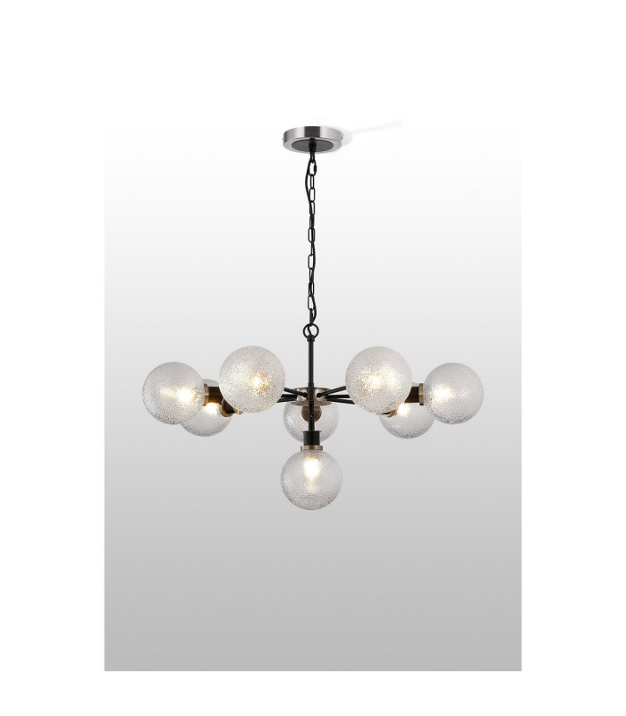 Placid 84cm Pendant 8 Light E14 15cm Round Dimpled Glass Shade Satin Nickel Clear & Satin Black-3