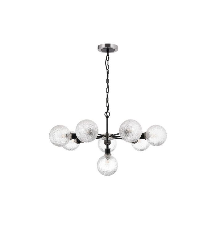 Placid 84cm Pendant 8 Light E14 15cm Round Dimpled Glass Shade Satin Nickel Clear & Satin Black-4
