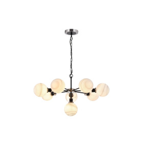 Placid 84cm Pendant 8 Light E14 15cm Round White & Grey Marble Effect Glass Shade Satin Nickel & Satin Black Framework-1