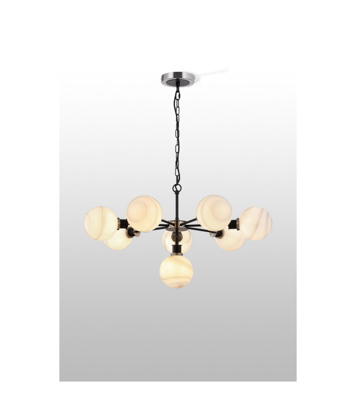 Placid 84cm Pendant 8 Light E14 15cm Round White & Grey Marble Effect Glass Shade Satin Nickel & Satin Black Framework-3
