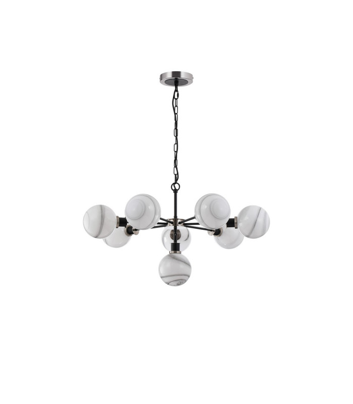 Placid 84cm Pendant 8 Light E14 15cm Round White & Grey Marble Effect Glass Shade Satin Nickel & Satin Black Framework-4