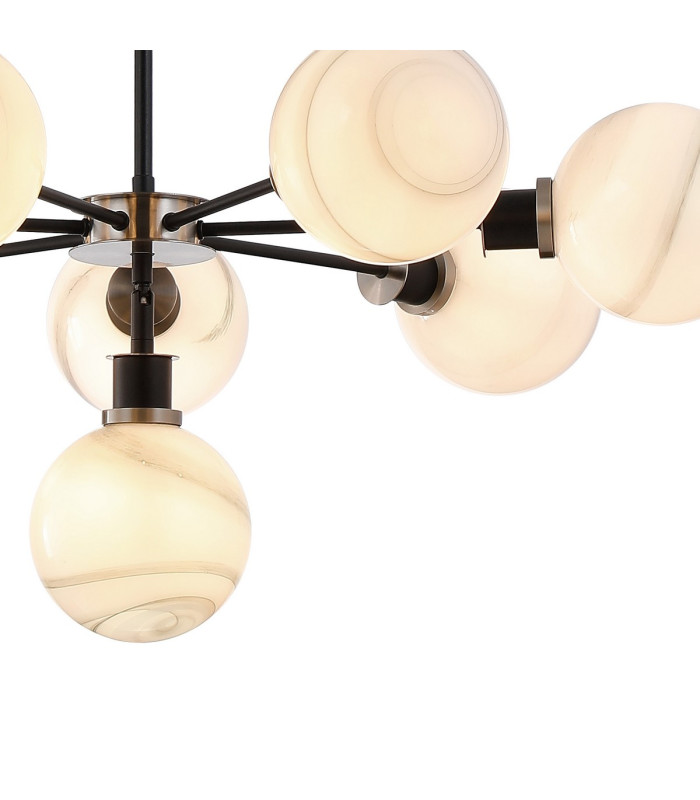 Placid 84cm Pendant 8 Light E14 15cm Round White & Grey Marble Effect Glass Shade Satin Nickel & Satin Black Framework-7