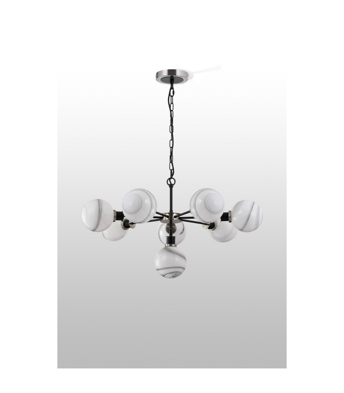 Placid 84cm Pendant 8 Light E14 15cm Round White & Grey Marble Effect Glass Shade Satin Nickel & Satin Black Framework-8