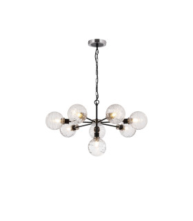 Placid 84cm Pendant 8 Light E14 15cm Round Textured Melting Glass Shade Satin Nickel Clear & Satin Black-1