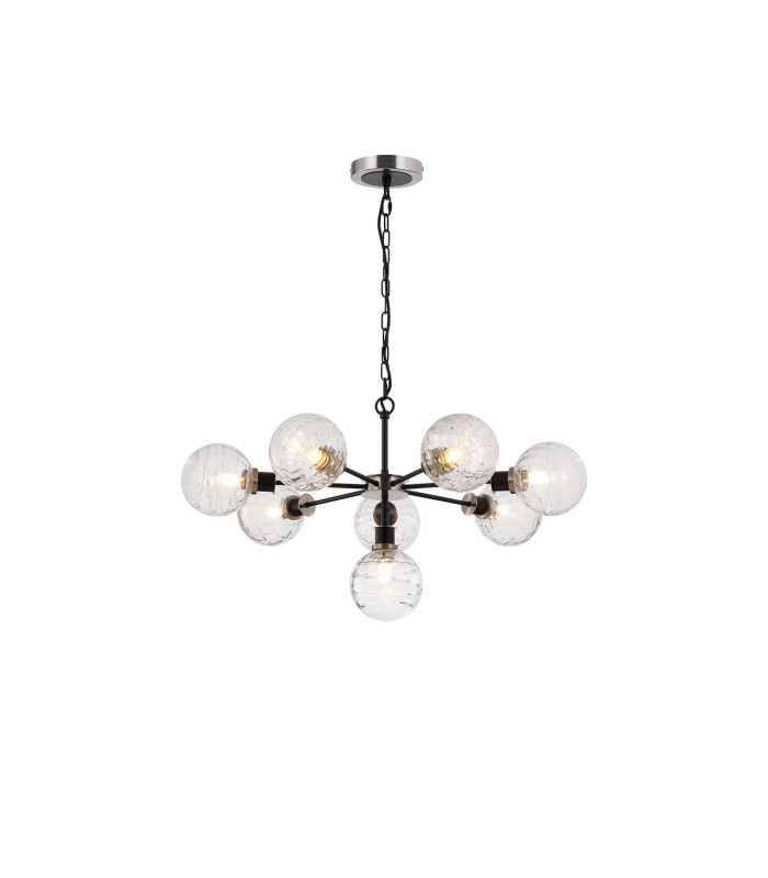 Placid 84cm Pendant 8 Light E14 15cm Round Textured Melting Glass Shade Satin Nickel Clear & Satin Black-1