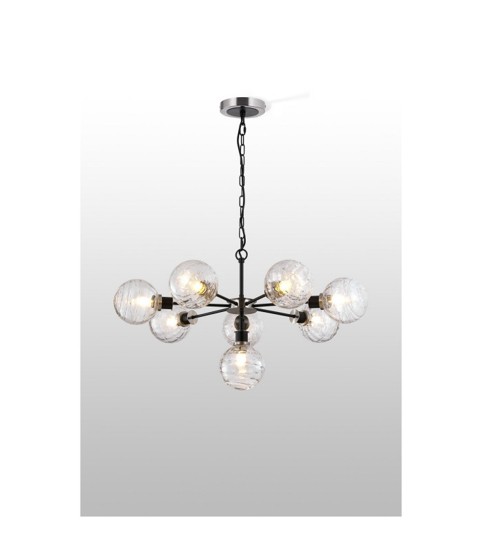 Placid 84cm Pendant 8 Light E14 15cm Round Textured Melting Glass Shade Satin Nickel Clear & Satin Black-3