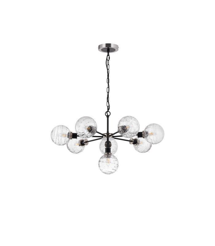 Placid 84cm Pendant 8 Light E14 15cm Round Textured Melting Glass Shade Satin Nickel Clear & Satin Black-4