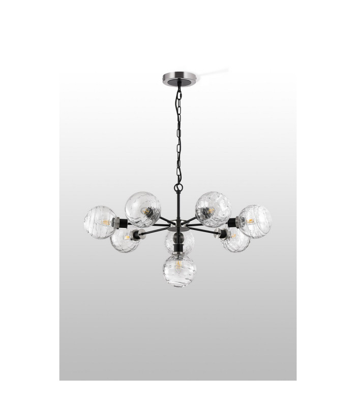Placid 84cm Pendant 8 Light E14 15cm Round Textured Melting Glass Shade Satin Nickel Clear & Satin Black-8