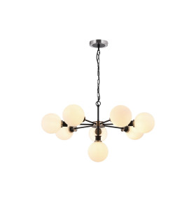 Placid 84cm Pendant 8 Light E14 15cm Round Glass Shade Satin Nickel Opal & Satin Black-1