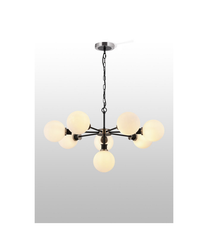 Placid 84cm Pendant 8 Light E14 15cm Round Glass Shade Satin Nickel Opal & Satin Black-3