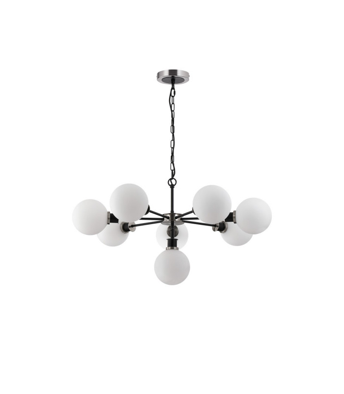 Placid 84cm Pendant 8 Light E14 15cm Round Glass Shade Satin Nickel Opal & Satin Black-4