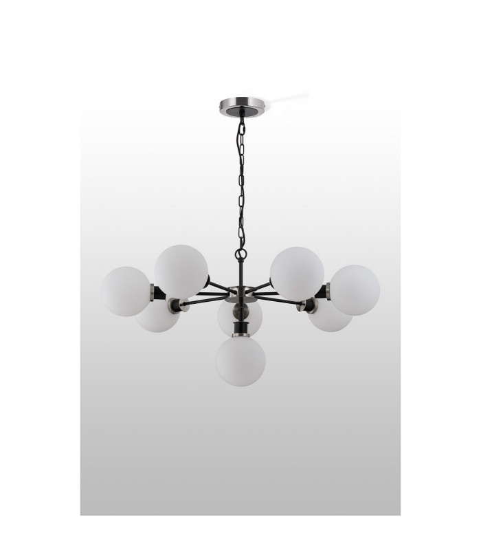 Placid 84cm Pendant 8 Light E14 15cm Round Glass Shade Satin Nickel Opal & Satin Black-8