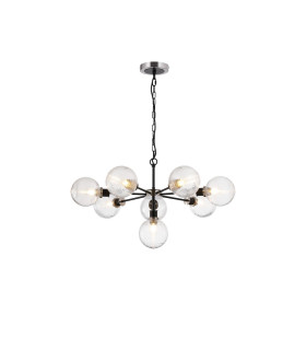 Placid 84cm Pendant 8 Light E14 15cm Round Ribbed Glass Shade Satin Nickel Clear & Satin Black-1