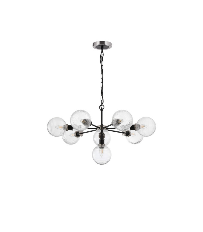 Placid 84cm Pendant 8 Light E14 15cm Round Ribbed Glass Shade Satin Nickel Clear & Satin Black-4