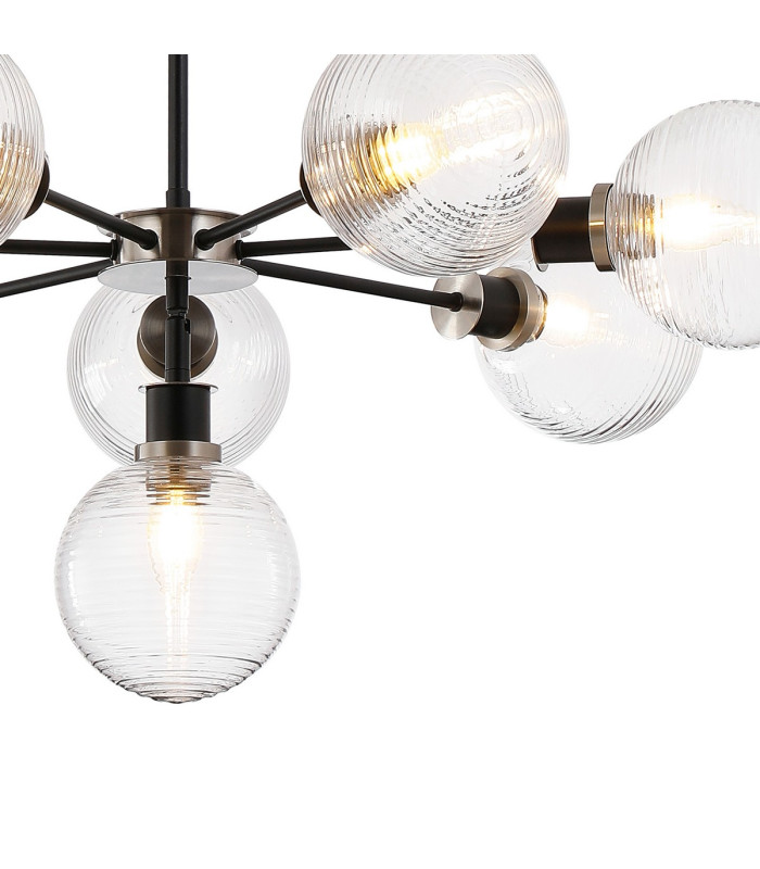 Placid 84cm Pendant 8 Light E14 15cm Round Ribbed Glass Shade Satin Nickel Clear & Satin Black-7