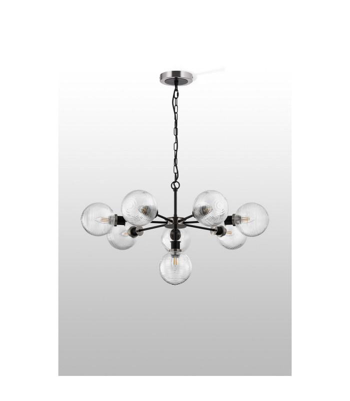 Placid 84cm Pendant 8 Light E14 15cm Round Ribbed Glass Shade Satin Nickel Clear & Satin Black-8