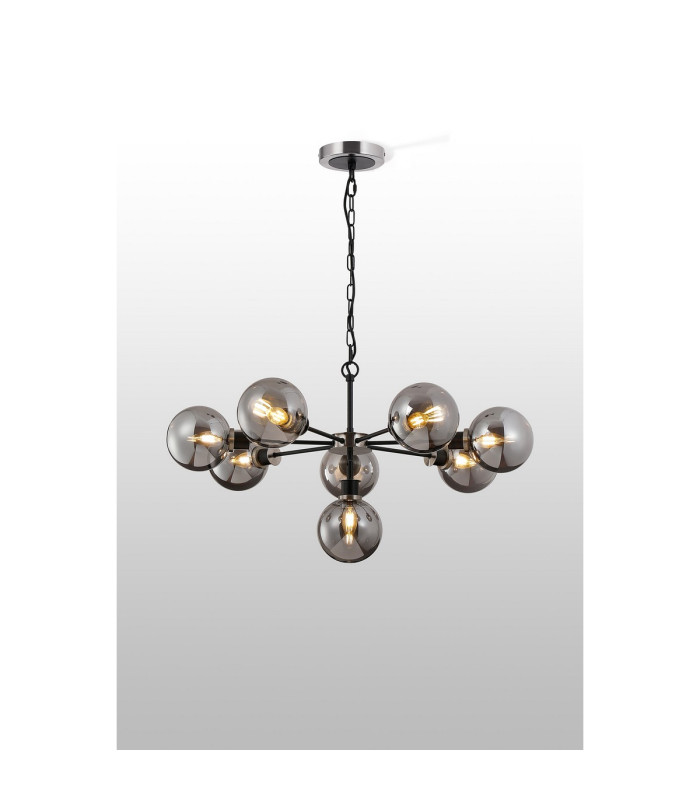 Placid 84cm Pendant 8 Light E14 15cm Round Glass Shade Satin Nickel Smoke Plated & Satin Black-3