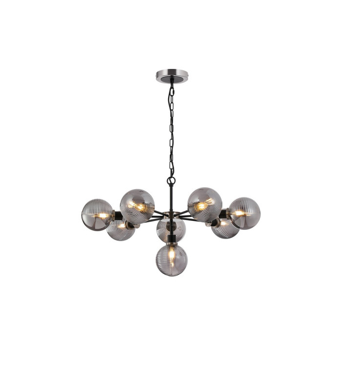 Placid 84cm Pendant 8 Light E14 15cm Round Textured Smooth / Ribbed Glass Shade Satin Nickel Smoke Plated & Satin Black-1