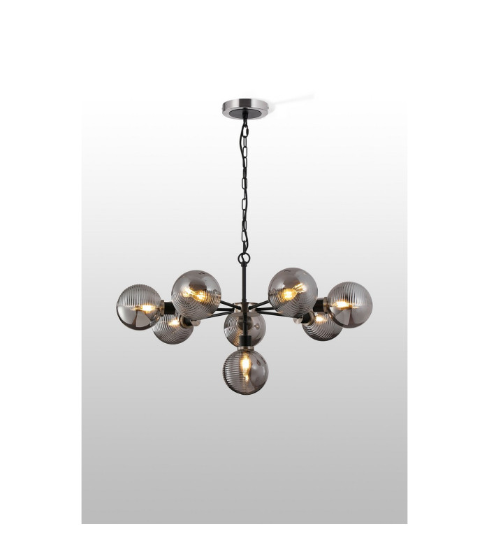 Placid 84cm Pendant 8 Light E14 15cm Round Textured Smooth / Ribbed Glass Shade Satin Nickel Smoke Plated & Satin Black-3