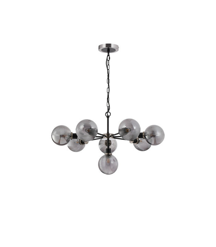 Placid 84cm Pendant 8 Light E14 15cm Round Textured Smooth / Ribbed Glass Shade Satin Nickel Smoke Plated & Satin Black-4