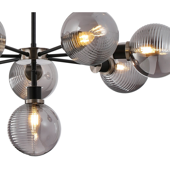 Placid 84cm Pendant 8 Light E14 15cm Round Textured Smooth / Ribbed Glass Shade Satin Nickel Smoke Plated & Satin Black-7