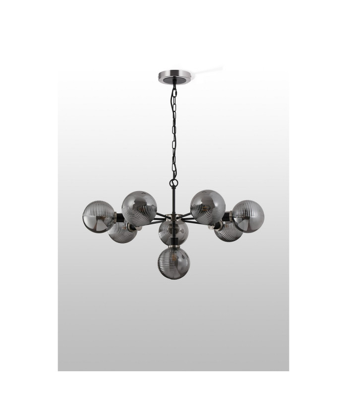 Placid 84cm Pendant 8 Light E14 15cm Round Textured Smooth / Ribbed Glass Shade Satin Nickel Smoke Plated & Satin Black-8