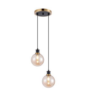 Placid 20cm 2 Light Pendant E14 15cm Round Glass Shades Brass Amber Plated & Satin Black-1