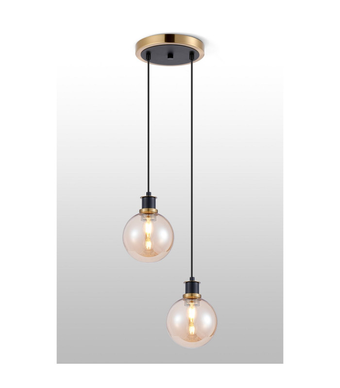 Placid 20cm 2 Light Pendant E14 15cm Round Glass Shades Brass Amber Plated & Satin Black-3